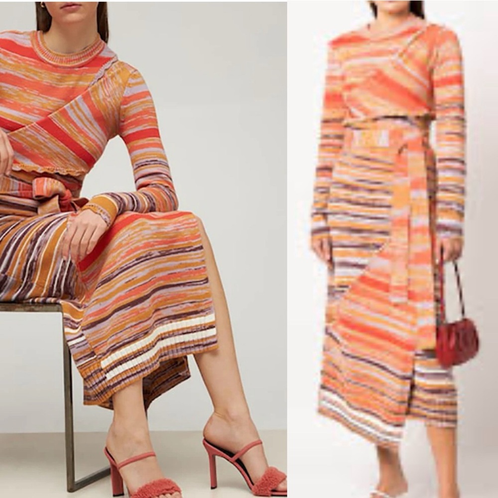 Jonathan Simkhai Striped Orange Multi Long Sleeve Midi Dress